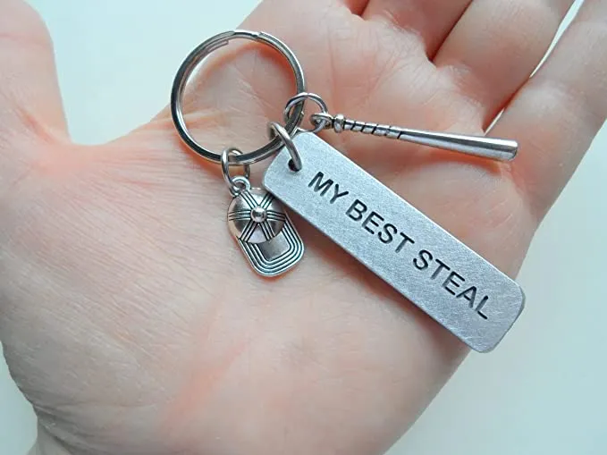Baseball or Softball Keychain with "My Best Steal" Engraved on Aluminum Tag with Baseball Cap & Bat Charm