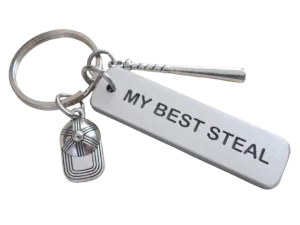Baseball or Softball Keychain with "My Best Steal" Engraved on Aluminum Tag with Baseball Cap & Bat Charm