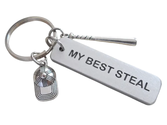 Baseball or Softball Keychain with "My Best Steal" Engraved on Aluminum Tag with Baseball Cap & Bat Charm