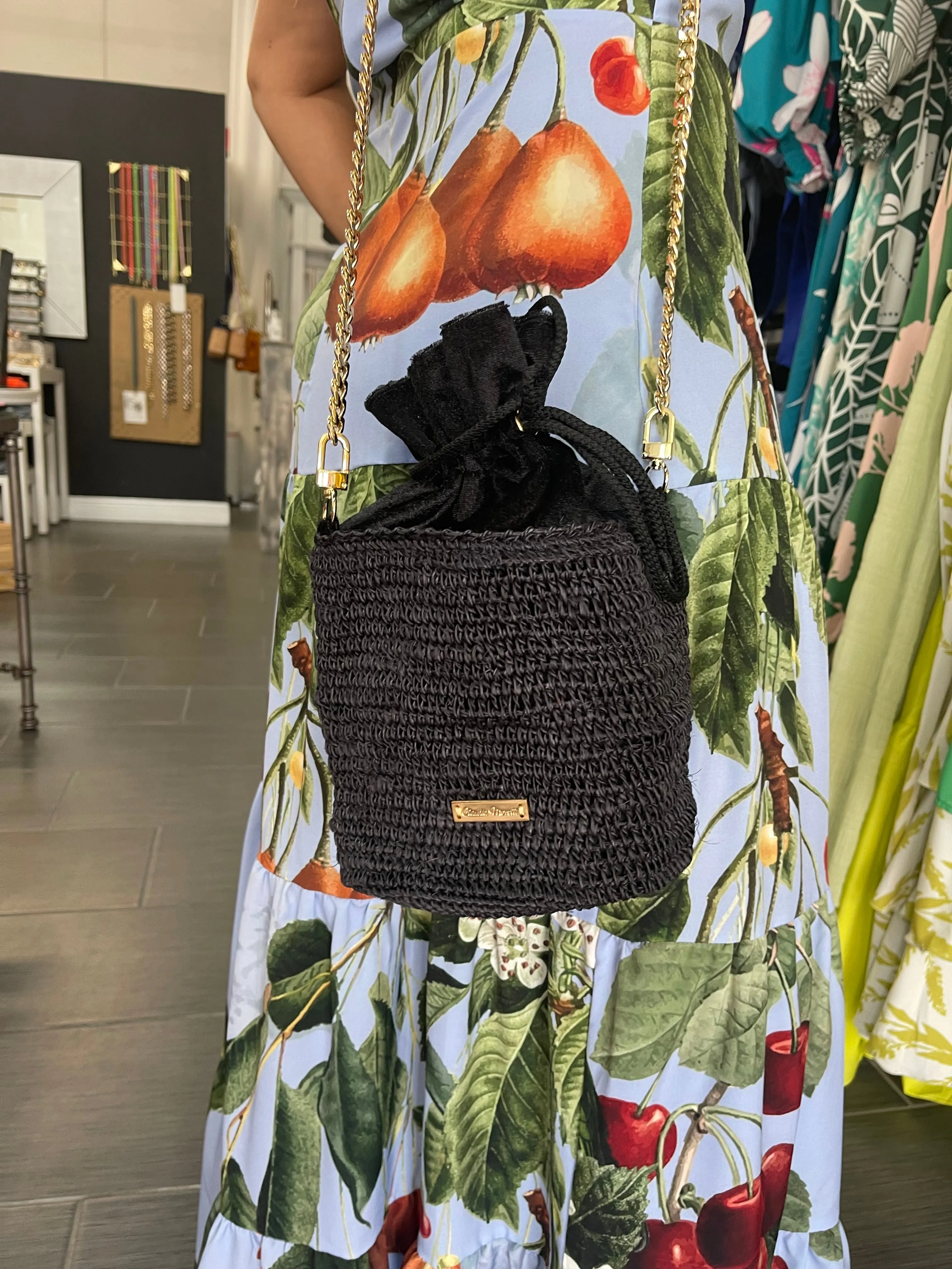 Black bucket bag