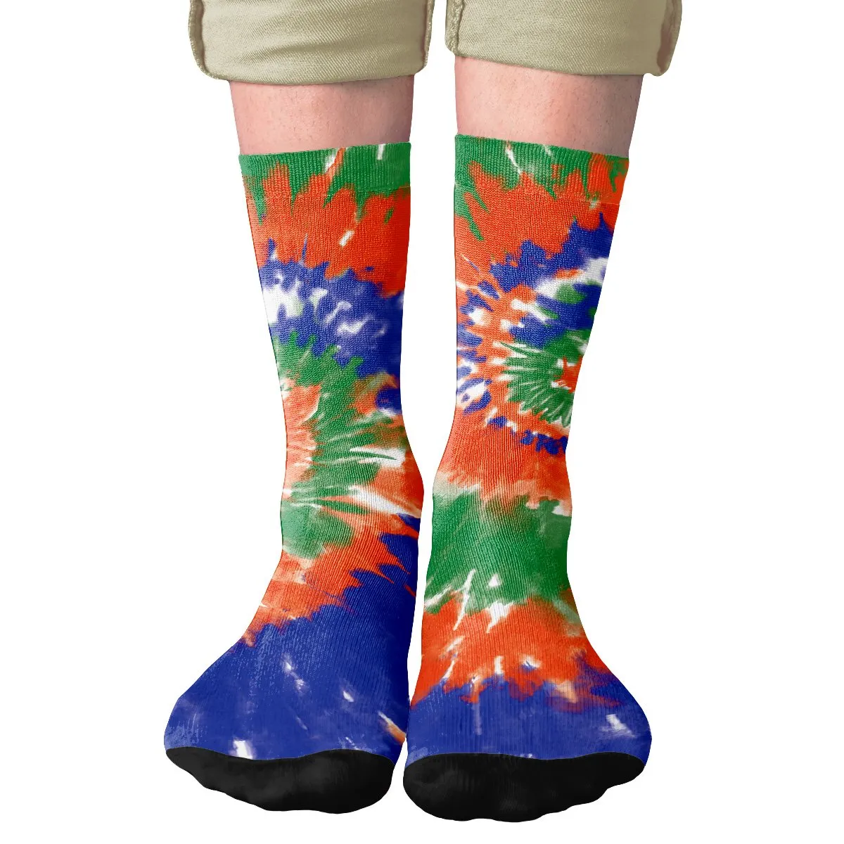 Blue, Orange, & Green Tie Dye Adult Crew Socks
