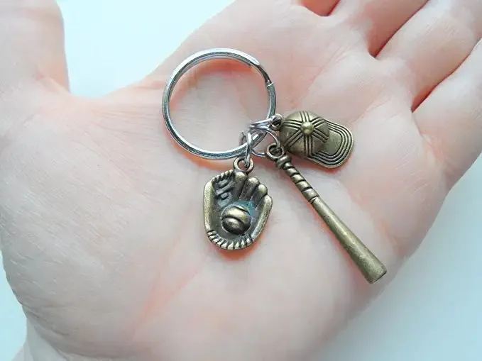 Bronze Baseball Bat, Mitt, and Baseball Cap Charm Keychain, Softball or Baseball Team Player Keychain