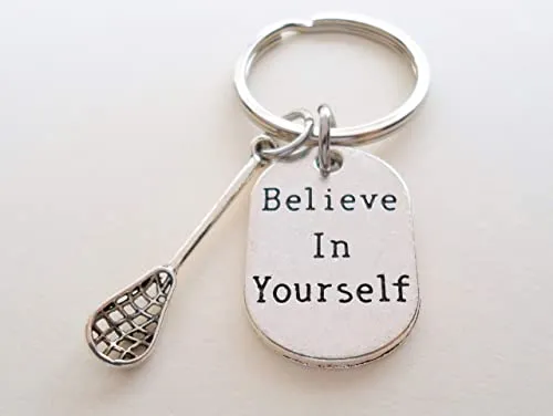 Custom Lacrosse Stick Charm & Believe In Yourself Charm & Letter Charm Keychain with Optional Add-on Birthstone Charm, Graduate Keychain, Lacrosse Player Keychain