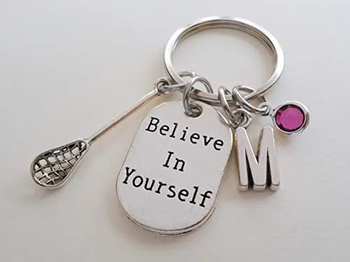 Custom Lacrosse Stick Charm & Believe In Yourself Charm & Letter Charm Keychain with Optional Add-on Birthstone Charm, Graduate Keychain, Lacrosse Player Keychain