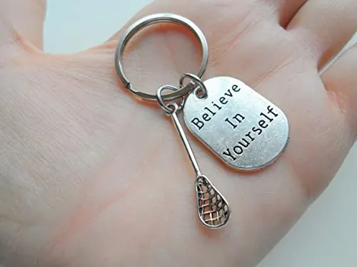 Custom Lacrosse Stick Charm & Believe In Yourself Charm & Letter Charm Keychain with Optional Add-on Birthstone Charm, Graduate Keychain, Lacrosse Player Keychain