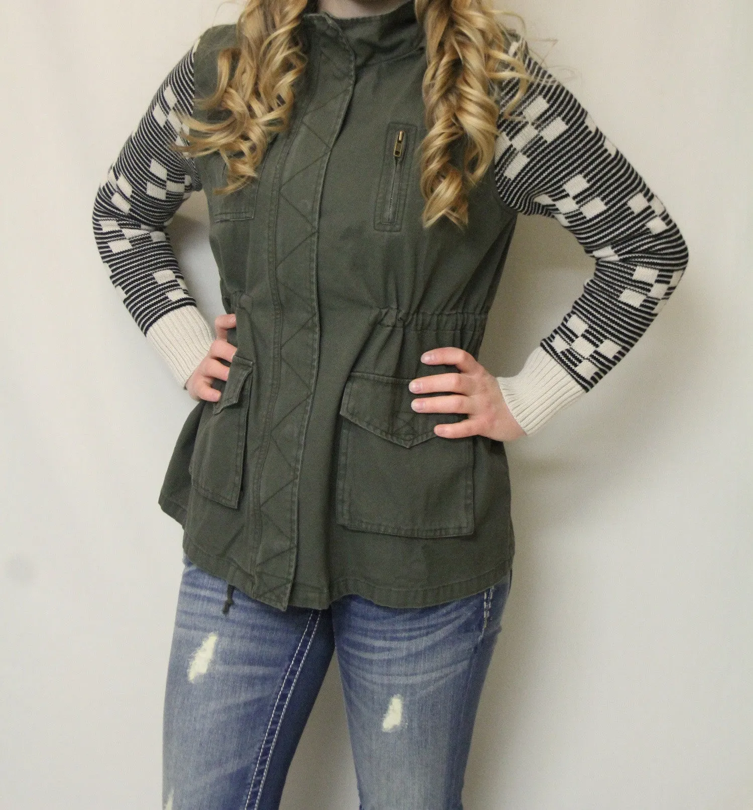 Double Zero | Olive Cargo Jacket with Sweater Sleeves