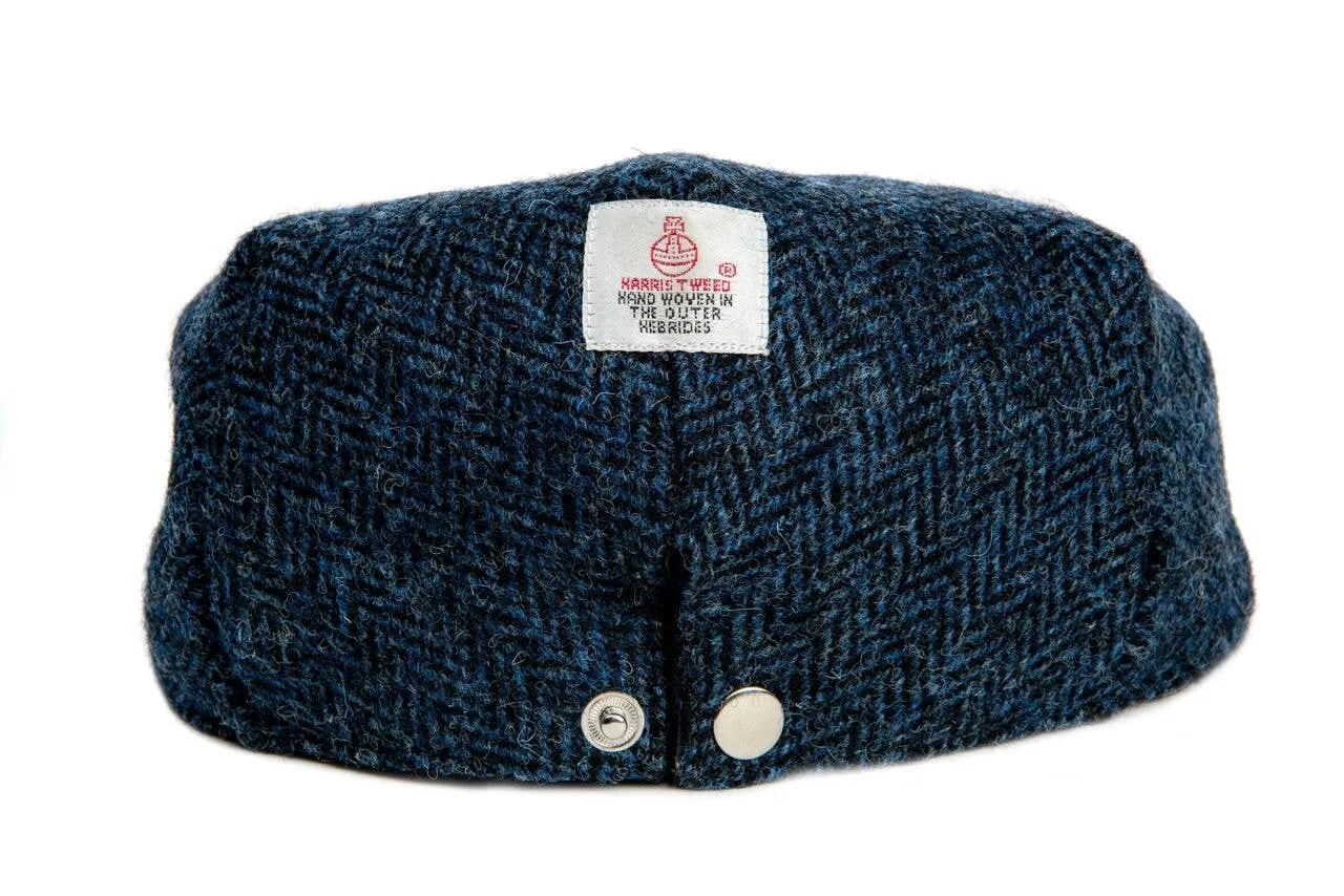 Harris Tweed Flat Cap Hat - Navy Blue Herringbone