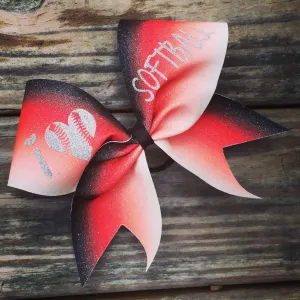I Love Softball Ombre Glitter Cheer Bow