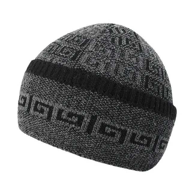 Men's Fashion Knitted Winter Beanies with Velvet Inside - Red with Gray,Red with Black,Black,Blue