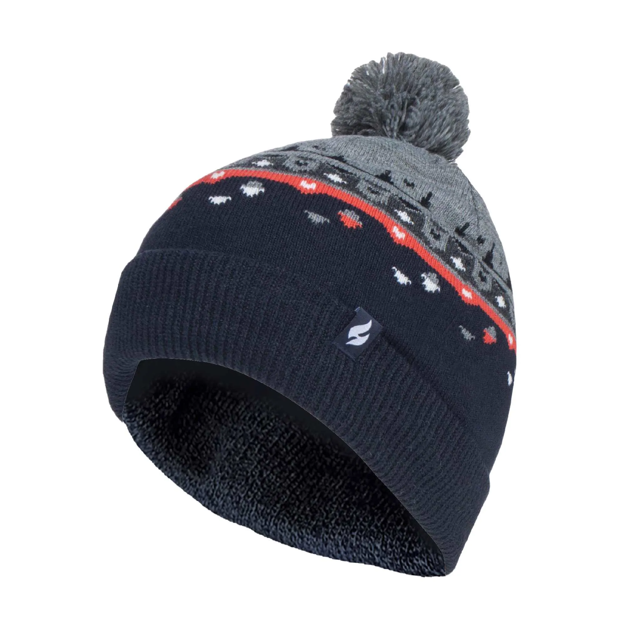 Mens Thin Patterned Knit Fleece Lined Pom Pom Hat for Winter