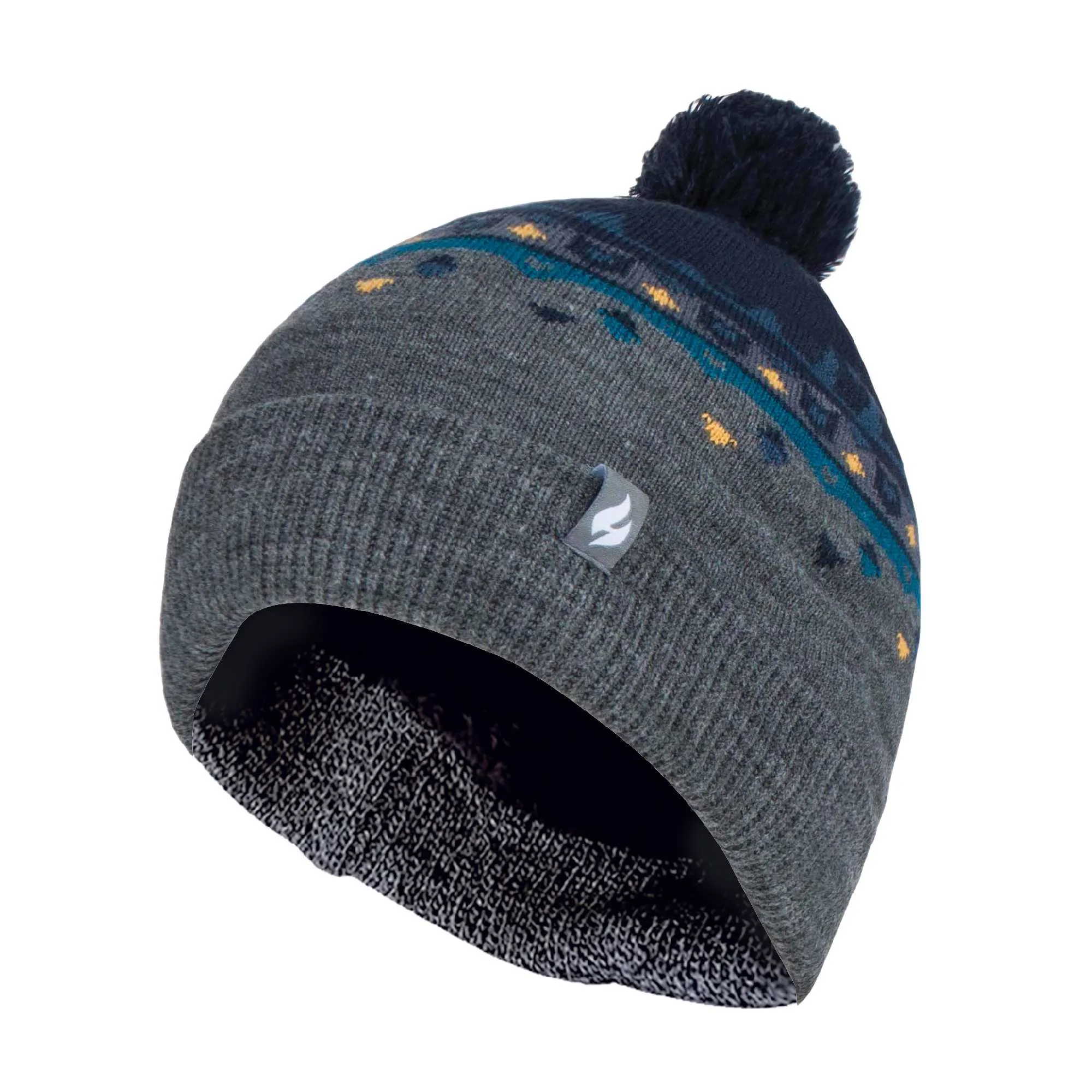 Mens Thin Patterned Knit Fleece Lined Pom Pom Hat for Winter