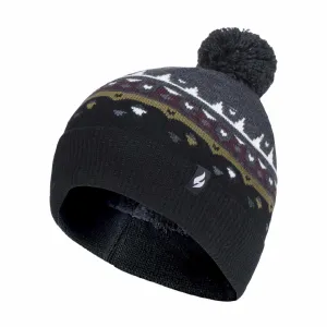 Mens Thin Patterned Knit Fleece Lined Pom Pom Hat for Winter