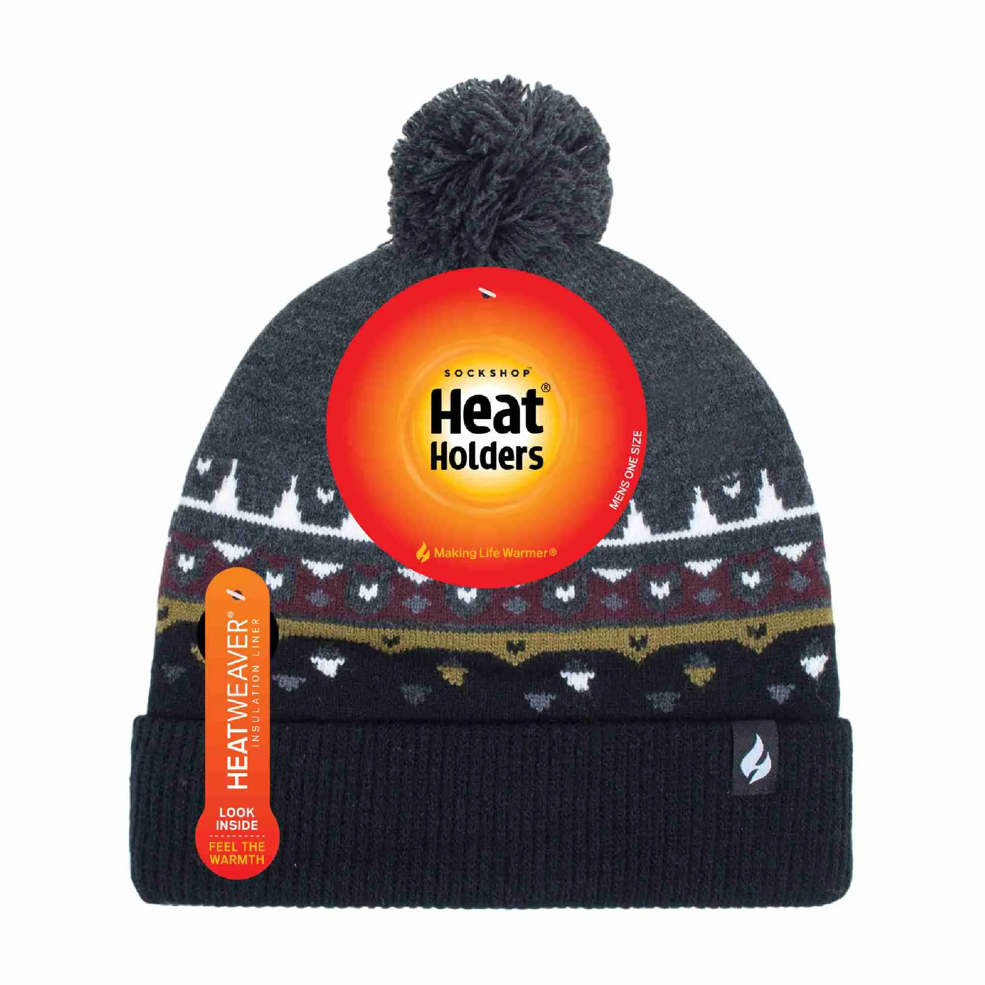 Mens Thin Patterned Knit Fleece Lined Pom Pom Hat for Winter