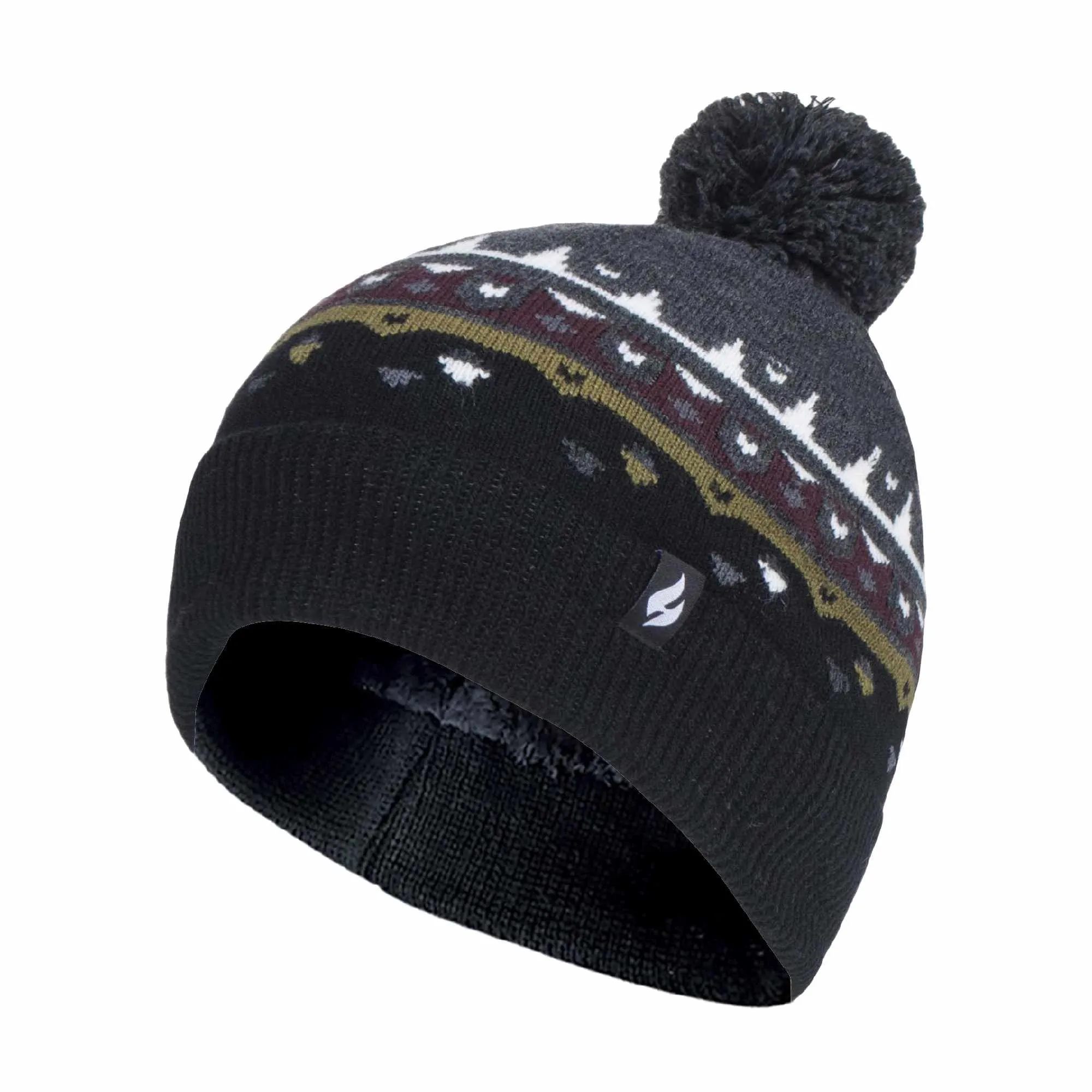Mens Thin Patterned Knit Fleece Lined Pom Pom Hat for Winter