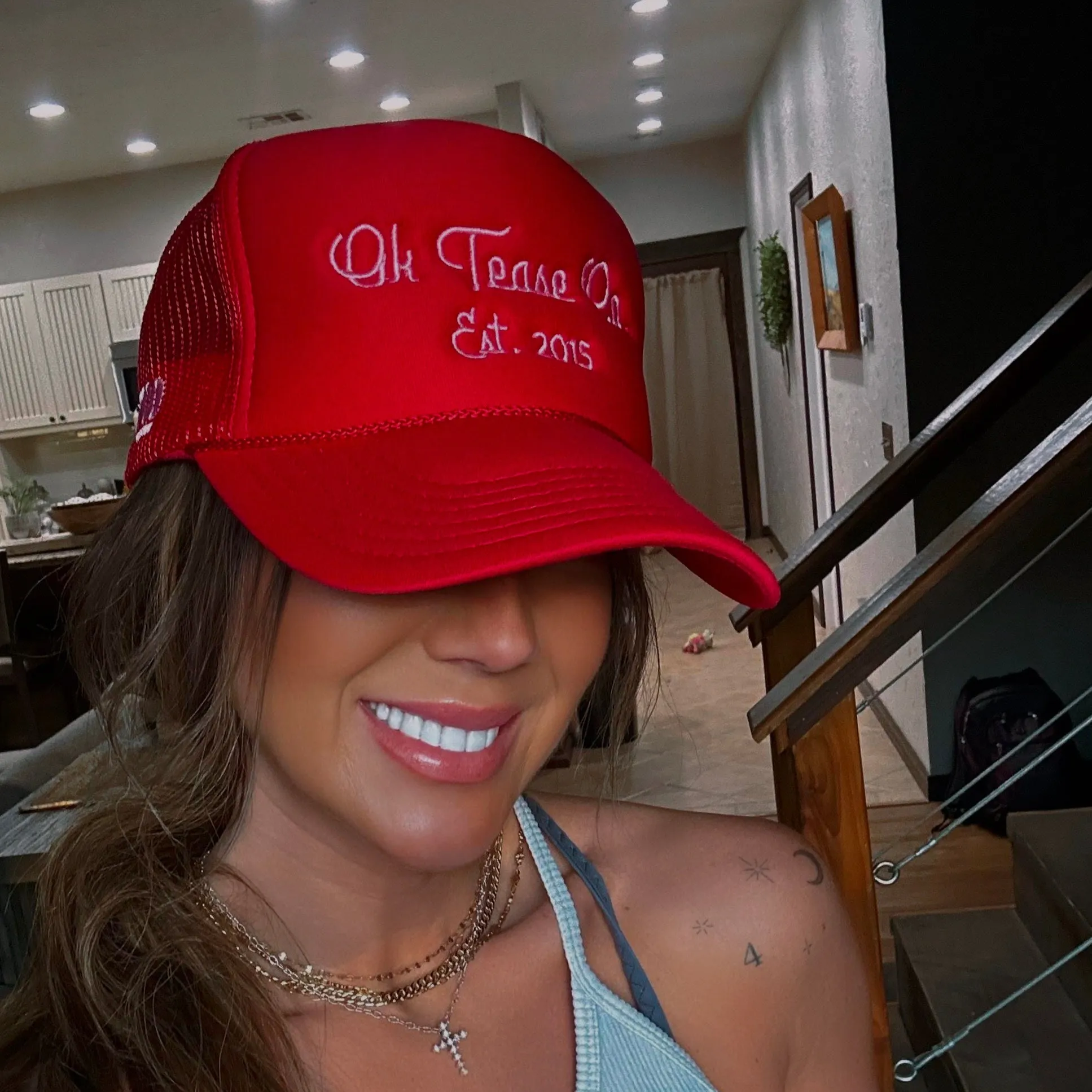 New Arrival Red Vintage Cursive Trucker Hat