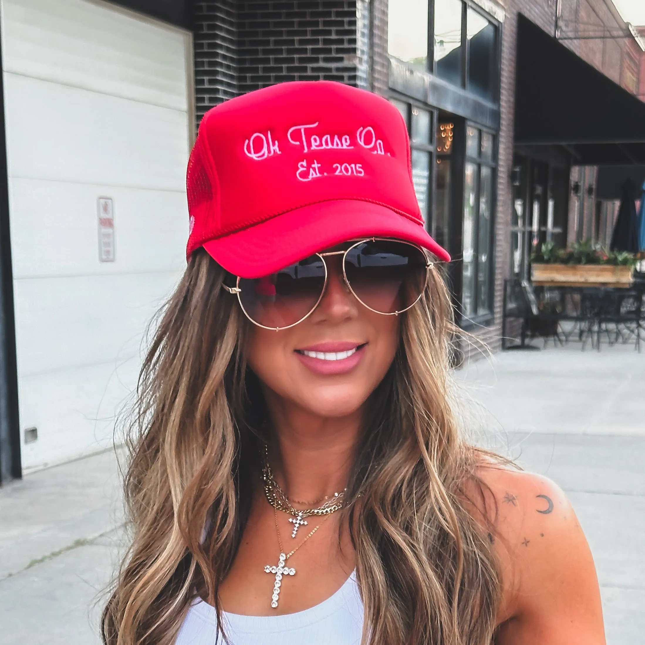 New Arrival Red Vintage Cursive Trucker Hat