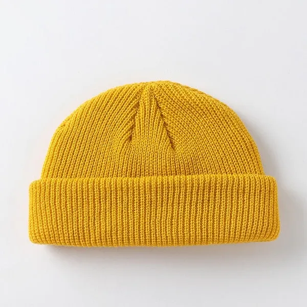 New Fashion Men's Beanie Winter Knit Hat Boy Skullcap Sailor Cap Cuffs Retro Navy Short Hat Solid Color Unisex Autumn Warm Cap