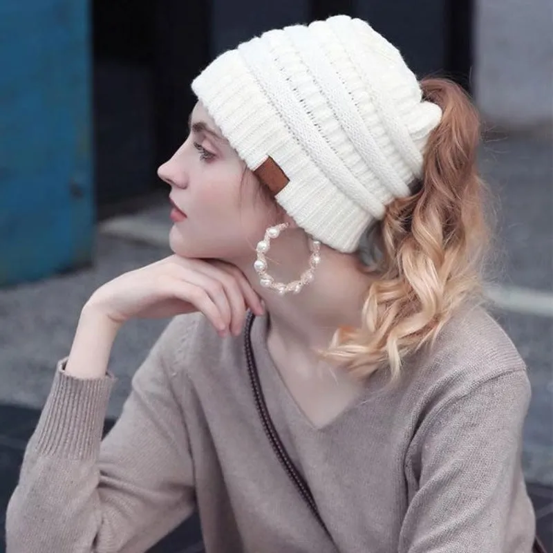 Ponytail Knitting Wool Beanie