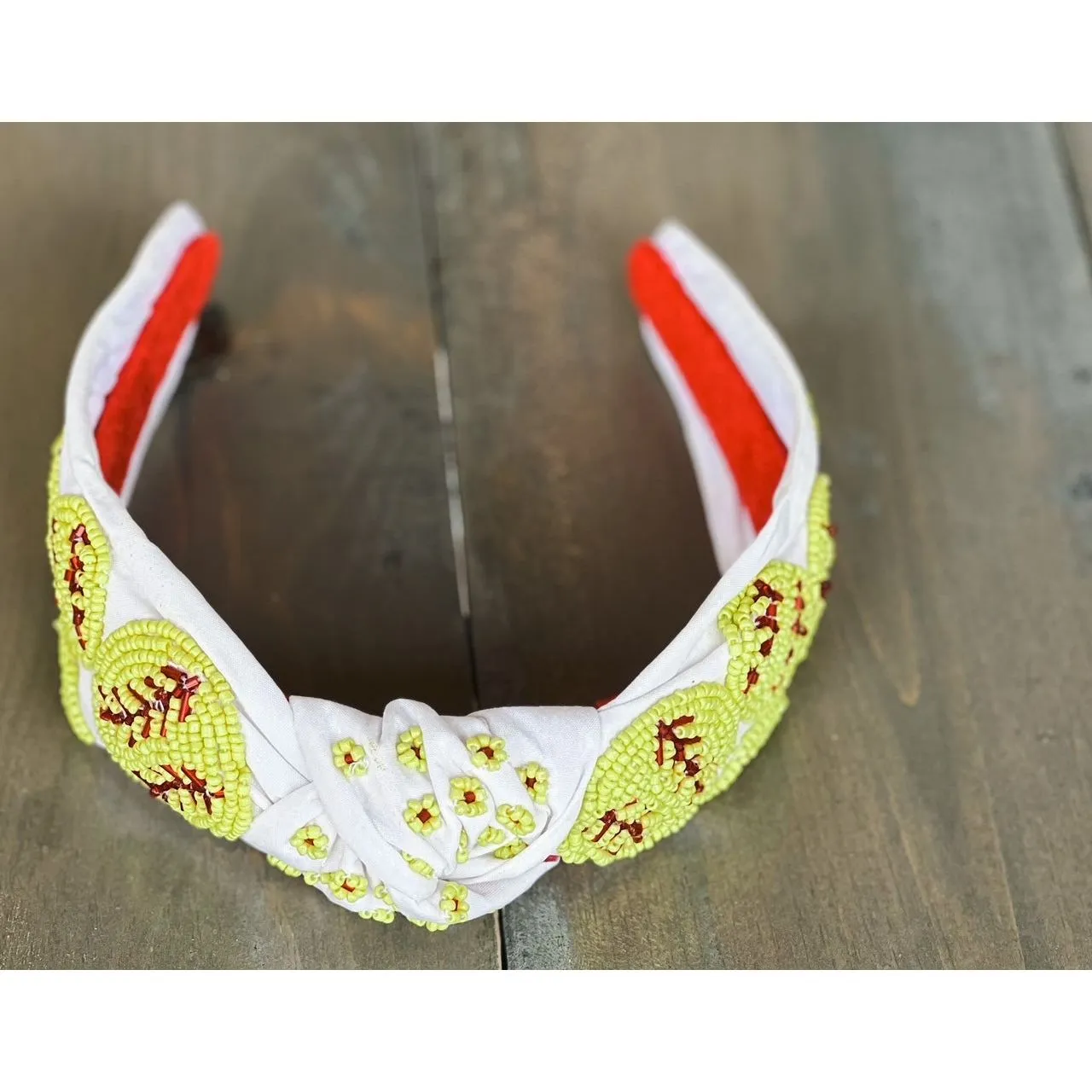 Softball Seed Beaded Hearts Top Knot Headband