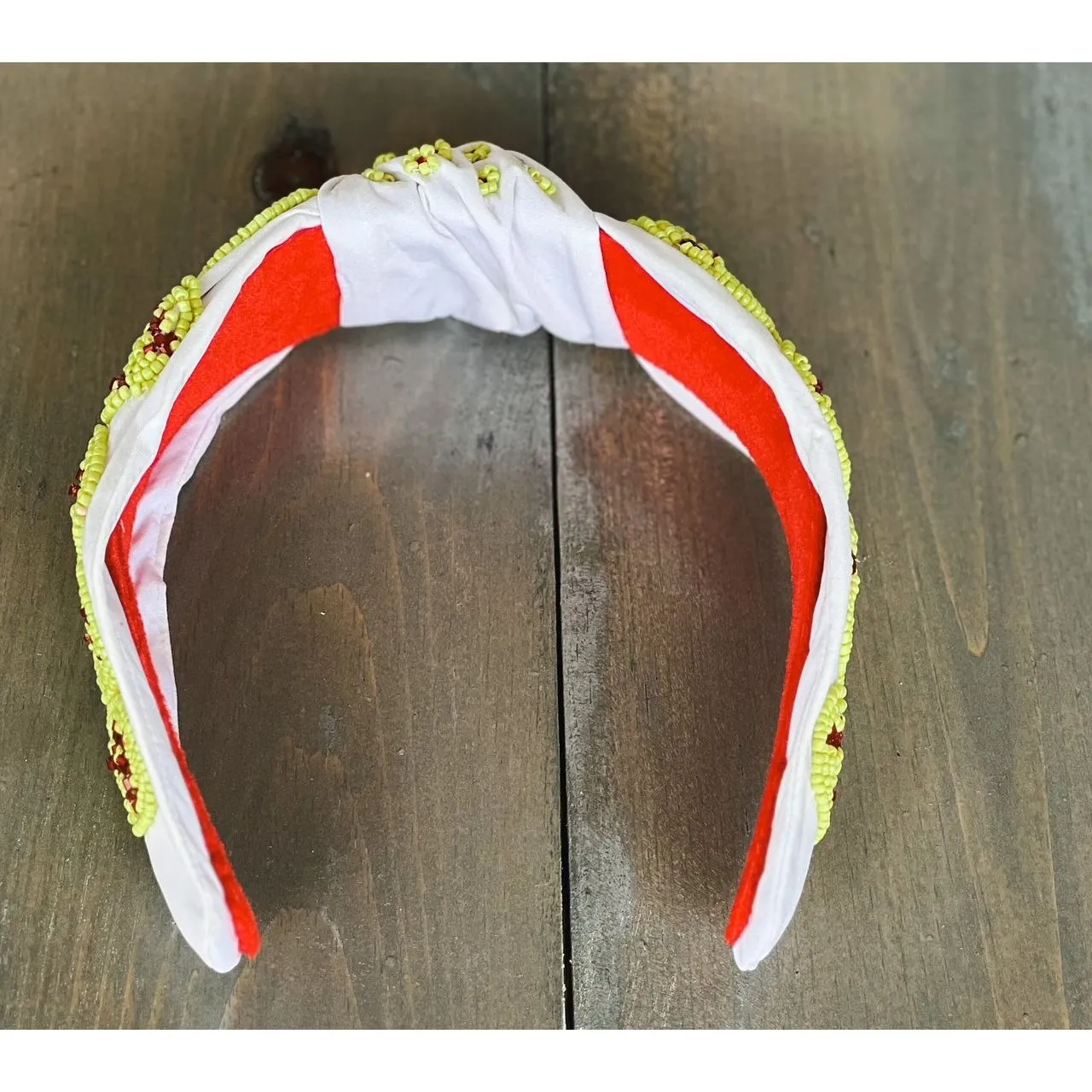 Softball Seed Beaded Hearts Top Knot Headband