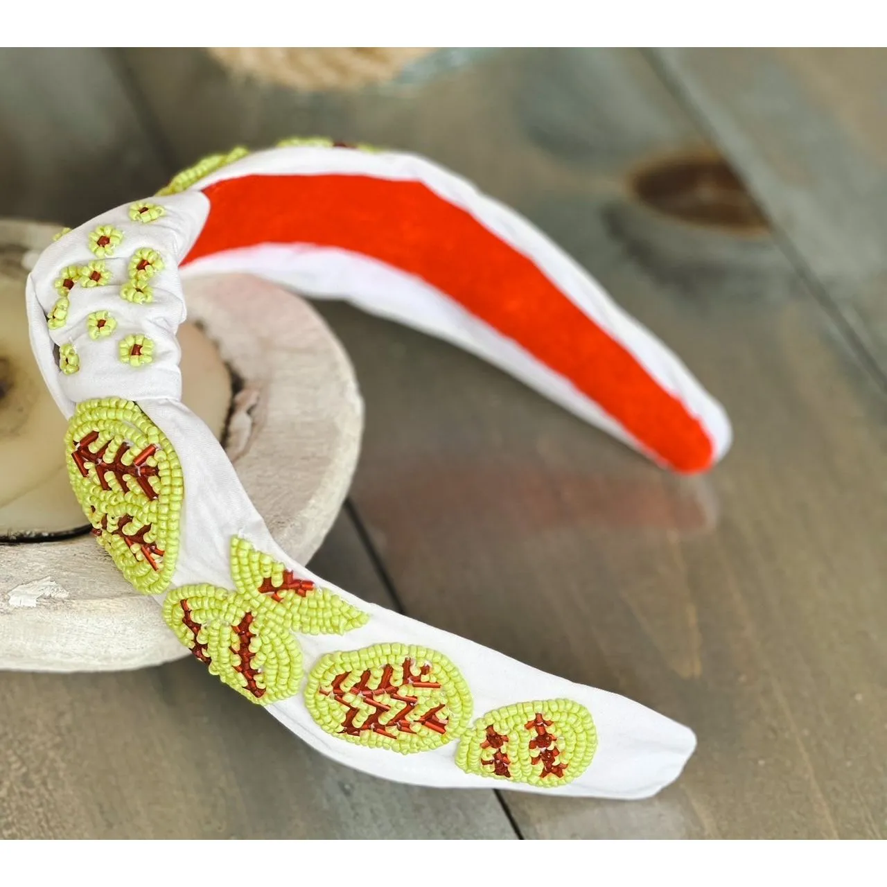 Softball Seed Beaded Hearts Top Knot Headband