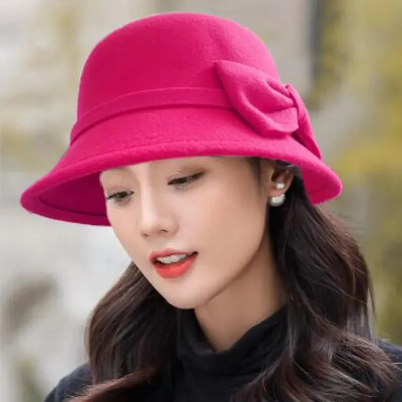 Vintage Women Bucket Cap Winter Warm Bow Woolen Felt Fedoras Cap Ladies Dome Felt Wedding Church Jazz Caps Bowler French Spring