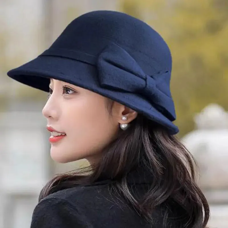 Vintage Women Bucket Cap Winter Warm Bow Woolen Felt Fedoras Cap Ladies Dome Felt Wedding Church Jazz Caps Bowler French Spring