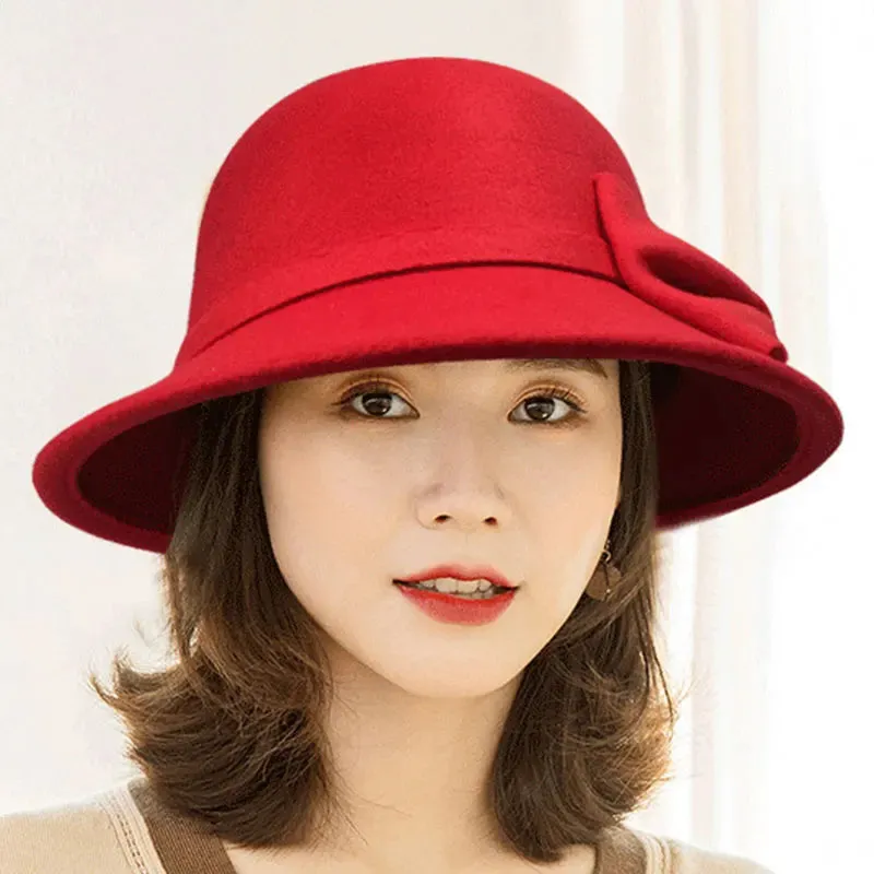 Vintage Women Bucket Cap Winter Warm Bow Woolen Felt Fedoras Cap Ladies Dome Felt Wedding Church Jazz Caps Bowler French Spring