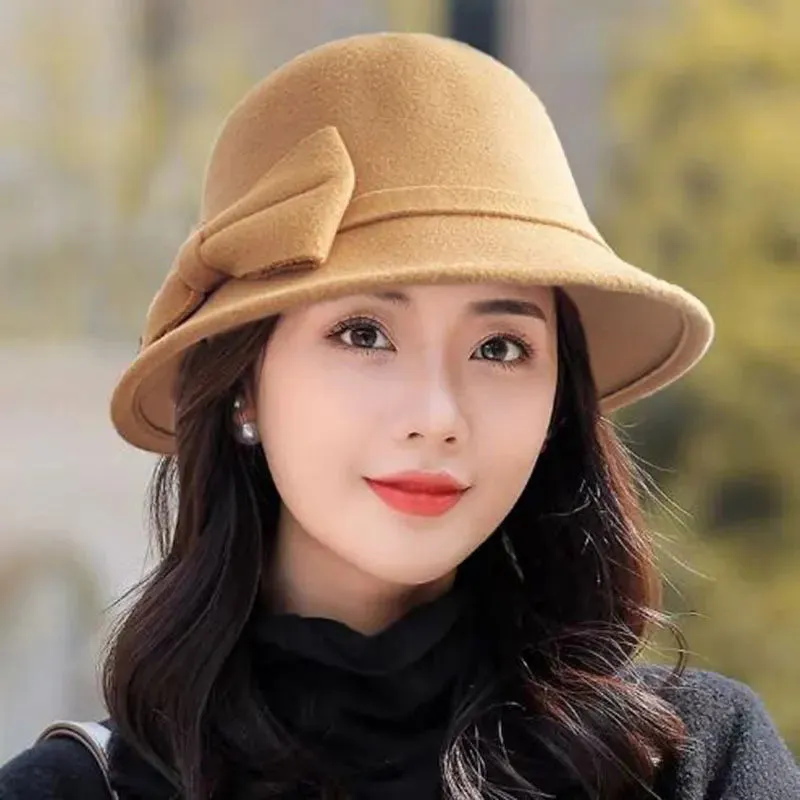 Women Bow-knot Hat Korean Woolen Felt Fedoras Ladies Vintage Elegant Bucket Cap Warm Autumn Spring Panama Hat Bowknot Girls