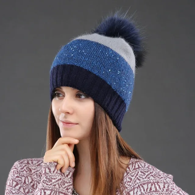 Women Hat Winter Sequins Knitted Beanie  Pompom