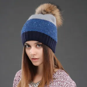 Women Hat Winter Sequins Knitted Beanie  Pompom