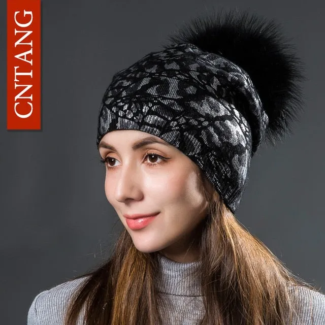 Women Winter Warm Hats Fashion Bronzing Leopard Hats With Natural Pompom