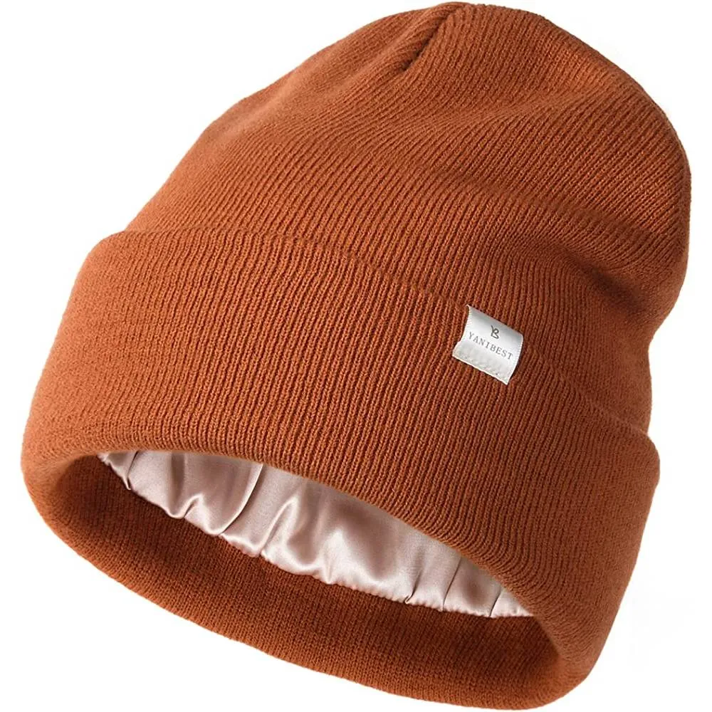 YANIBEST Womens Saitn Lined Knit Beanie Hat Acrylic Winter Hats for Women Men Silk Lining Soft Slouchy Warm Cuffed Beanie Hat | Multiple Colors