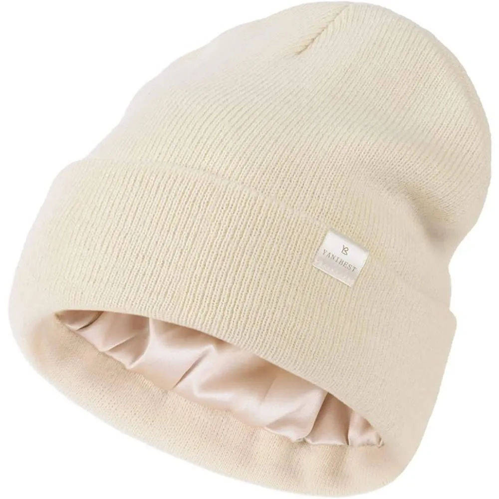 YANIBEST Womens Saitn Lined Knit Beanie Hat Acrylic Winter Hats for Women Men Silk Lining Soft Slouchy Warm Cuffed Beanie Hat | Multiple Colors