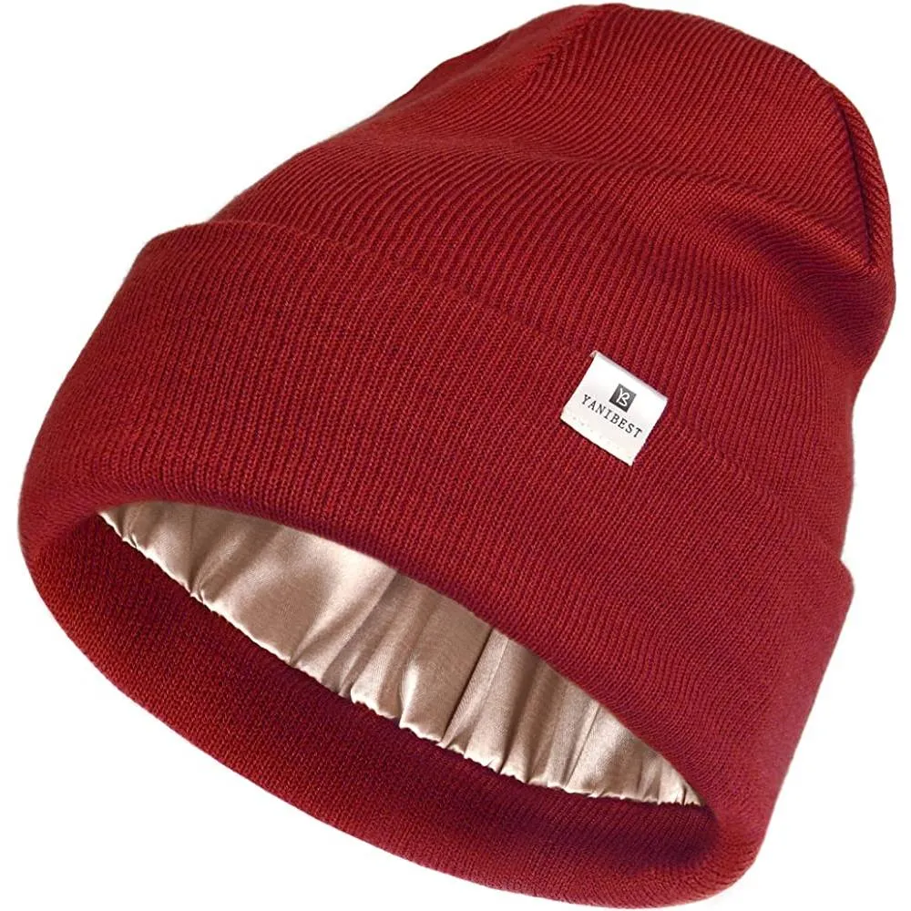 YANIBEST Womens Saitn Lined Knit Beanie Hat Acrylic Winter Hats for Women Men Silk Lining Soft Slouchy Warm Cuffed Beanie Hat | Multiple Colors