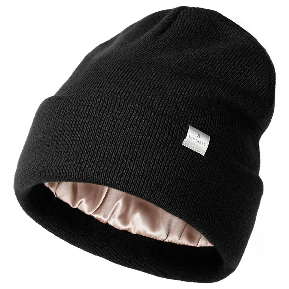 YANIBEST Womens Saitn Lined Knit Beanie Hat Acrylic Winter Hats for Women Men Silk Lining Soft Slouchy Warm Cuffed Beanie Hat | Multiple Colors