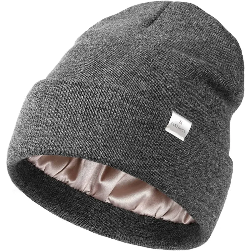 YANIBEST Womens Saitn Lined Knit Beanie Hat Acrylic Winter Hats for Women Men Silk Lining Soft Slouchy Warm Cuffed Beanie Hat | Multiple Colors