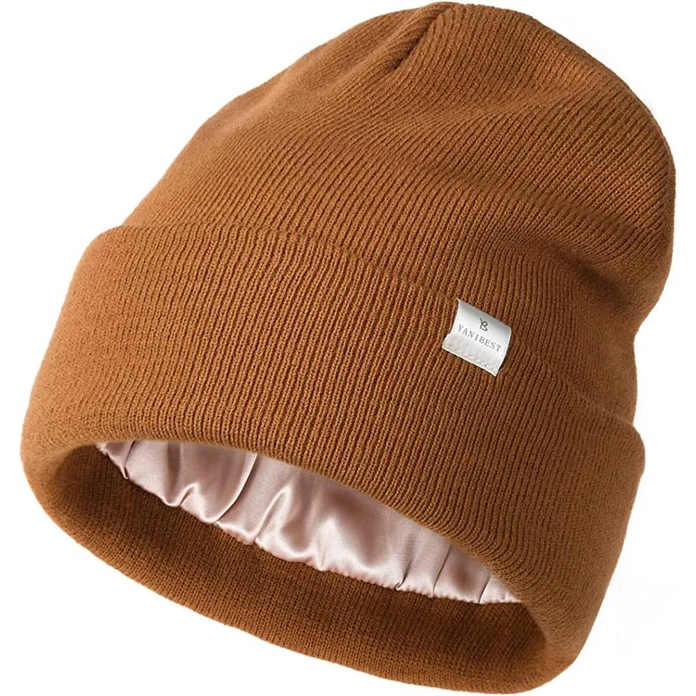 YANIBEST Womens Saitn Lined Knit Beanie Hat Acrylic Winter Hats for Women Men Silk Lining Soft Slouchy Warm Cuffed Beanie Hat | Multiple Colors