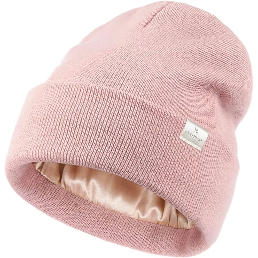 YANIBEST Womens Saitn Lined Knit Beanie Hat Acrylic Winter Hats for Women Men Silk Lining Soft Slouchy Warm Cuffed Beanie Hat | Multiple Colors