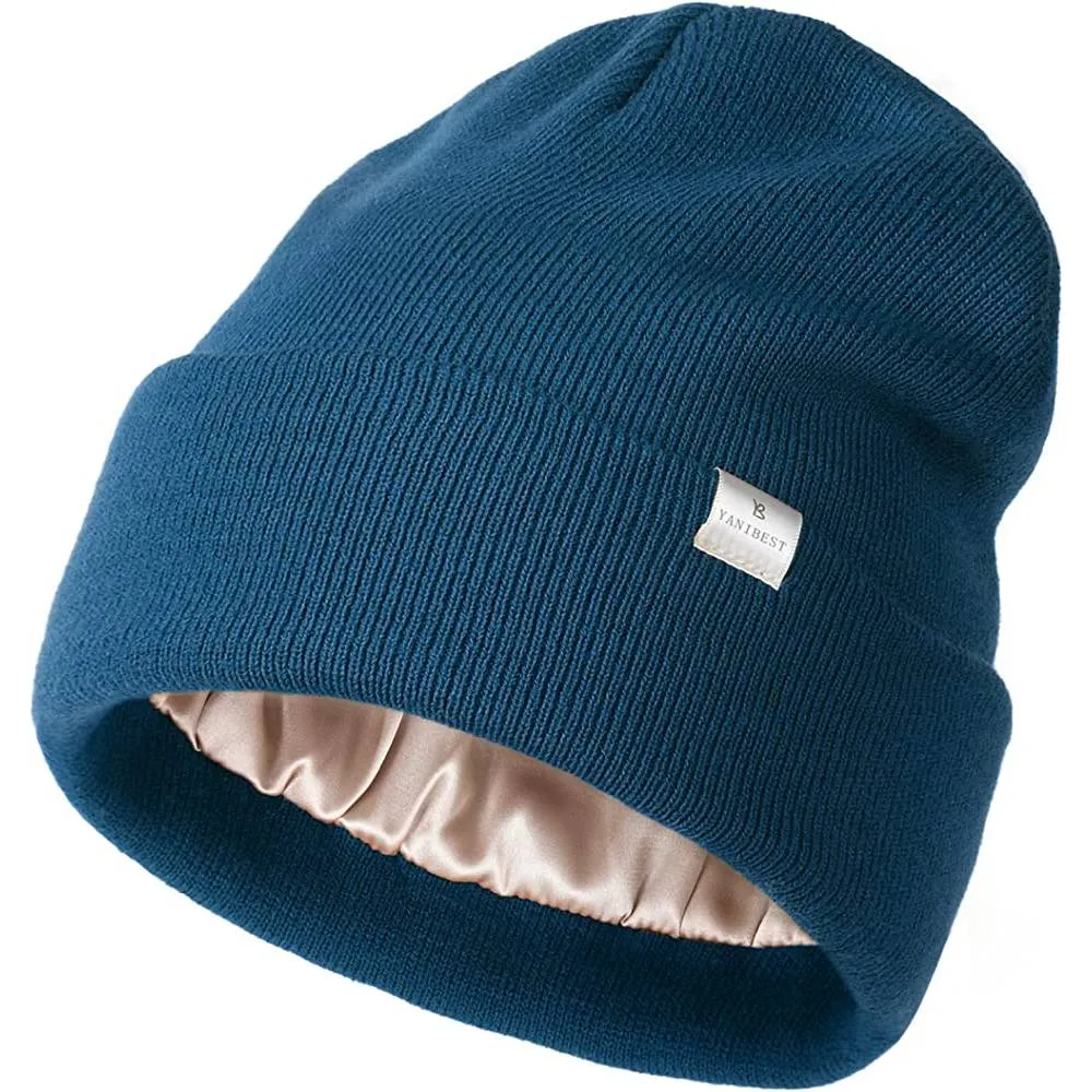 YANIBEST Womens Saitn Lined Knit Beanie Hat Acrylic Winter Hats for Women Men Silk Lining Soft Slouchy Warm Cuffed Beanie Hat | Multiple Colors